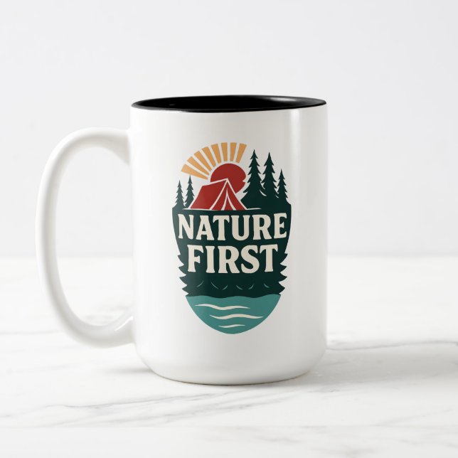 Nature First Camping Badge Two-Tone Coffee Mug (Left)