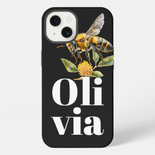Nature Floral Bee Black Personalised Name iPhone 13 Case