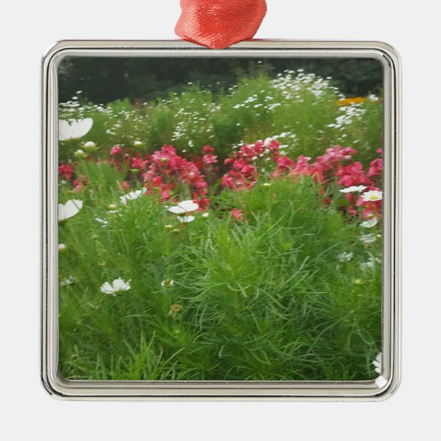 Nature Floral Pink and White Flowers Grass Metal Ornament (Front)