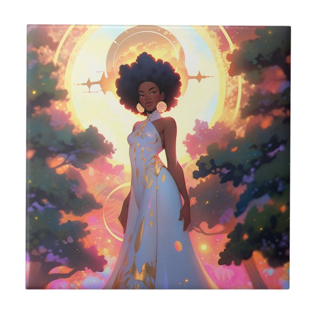 Nature Goddess African American Fantasy Art Ceramic Tile (Front)