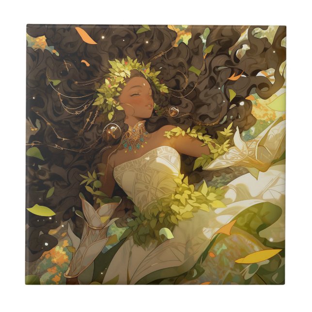 Nature Goddess African American Fantasy Art Ceramic Tile (Front)