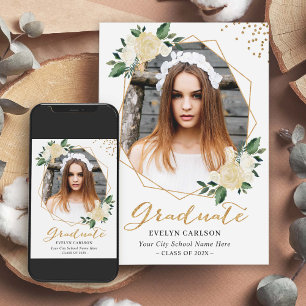 Nature Green Gold Floral Photo Graduation Party Invitation