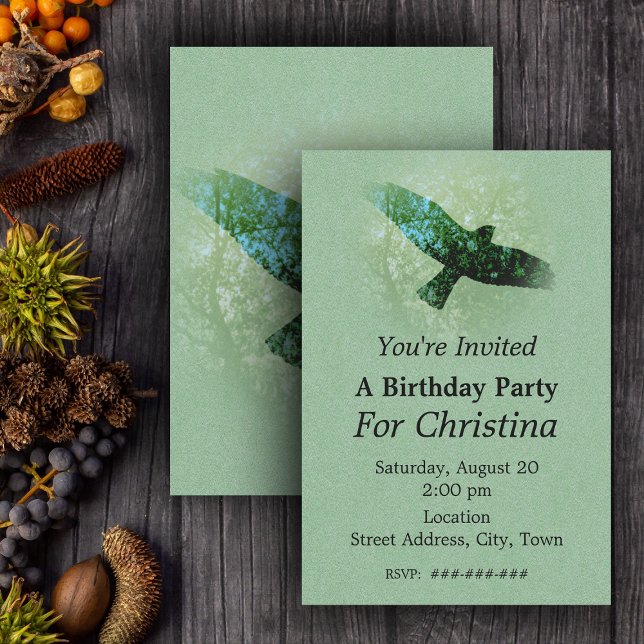 Nature Green Trees Bird Soaring Crow Birthday Invitation (Flying transparent black crow in  faded treetops on green Birthday party invitations.)