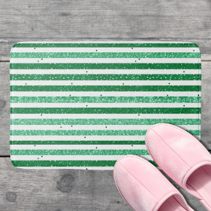 Nature Green White Horizontal Glitter Stripes Bath Mat