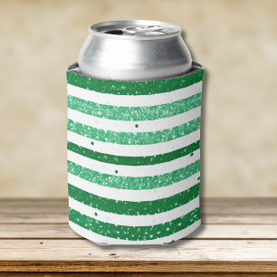 Nature Green White Horizontal Glitter Stripes Can Cooler