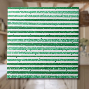 Nature Green White Horizontal Glitter Stripes Ceramic Tile