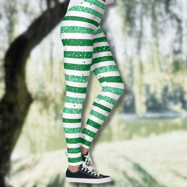 Nature Green White Horizontal Glitter Stripes Leggings (Creator Uploaded)