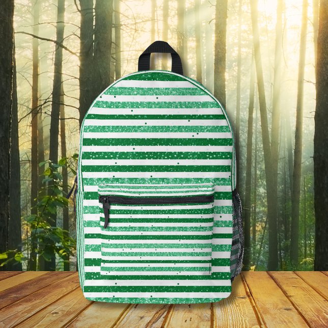 Nature Green White Horizontal Glitter Stripes Printed Backpack (Creator Uploaded)