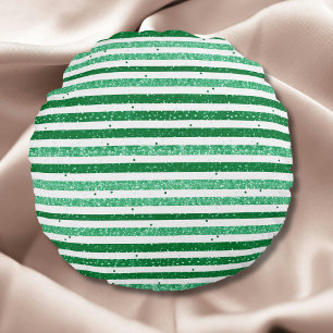 Nature Green White Horizontal Glitter Stripes Round Cushion
