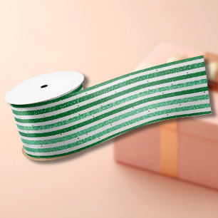 Nature Green White Horizontal Glitter Stripes Satin Ribbon