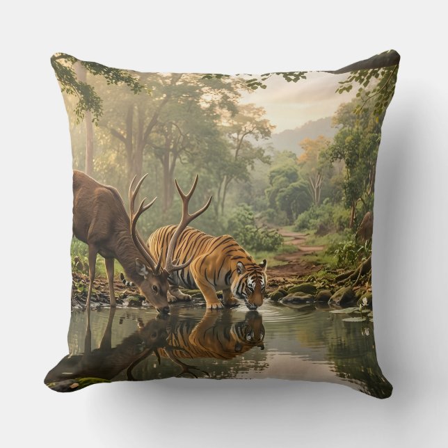 Nature Harmony Throw Pillow - Lion and Deer Forest (Front)