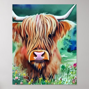 Nature Highland Cow watercolor  Poster