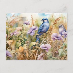 Nature Illustration with Birds and Wildflowers Postcard