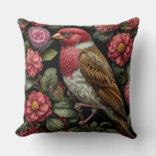 Nature Inspired Bird and Flowers Botanical Decor Cushion