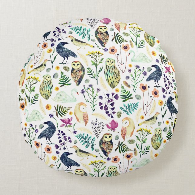 Nature-Inspired Botanical Pattern Decorative Throw Round Cushion (Front)