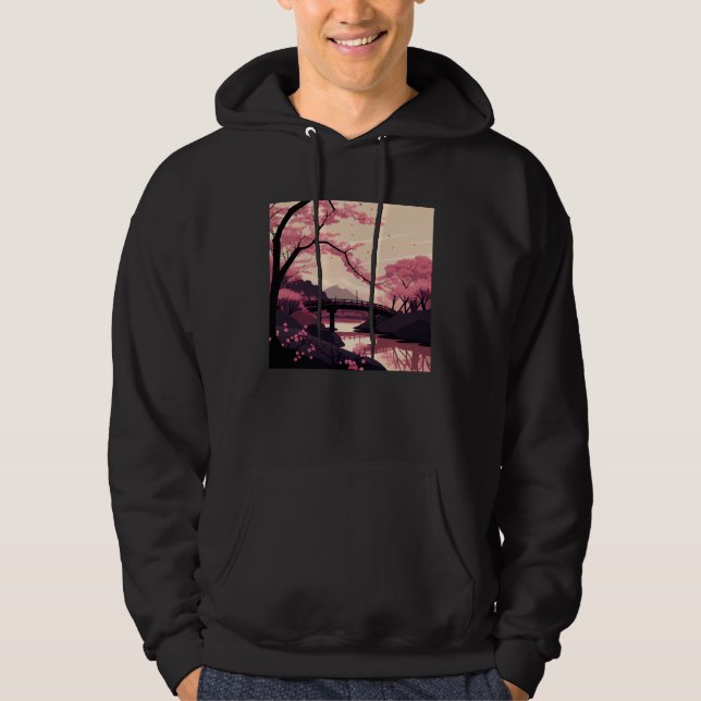 Nature Inspired Cherry Blossom River and Bridge Hoodie (Front)