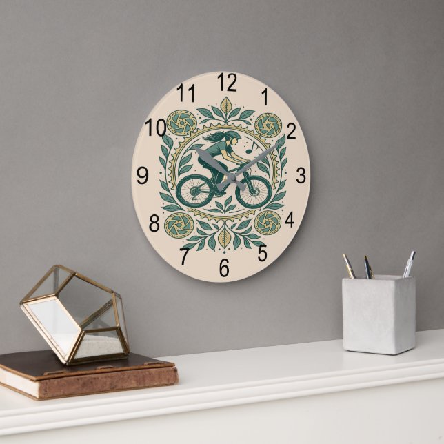 Nature-Inspired Female Cyclist Art – Boho Biking Large Clock (Office)