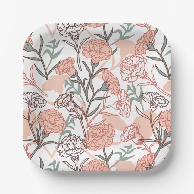 Nature Inspired Floral: Carnation Flower Pattern Paper Plate (Front)
