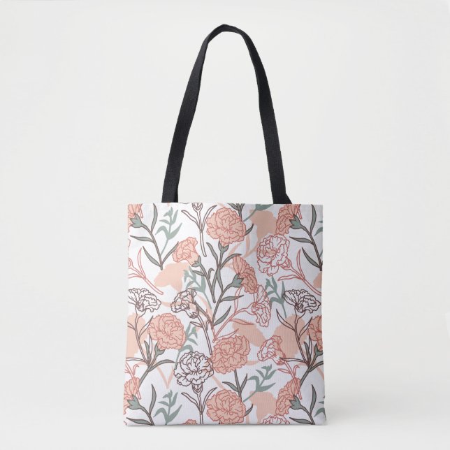 Nature Inspired Floral: Carnation Flower Pattern Tote Bag (Front)