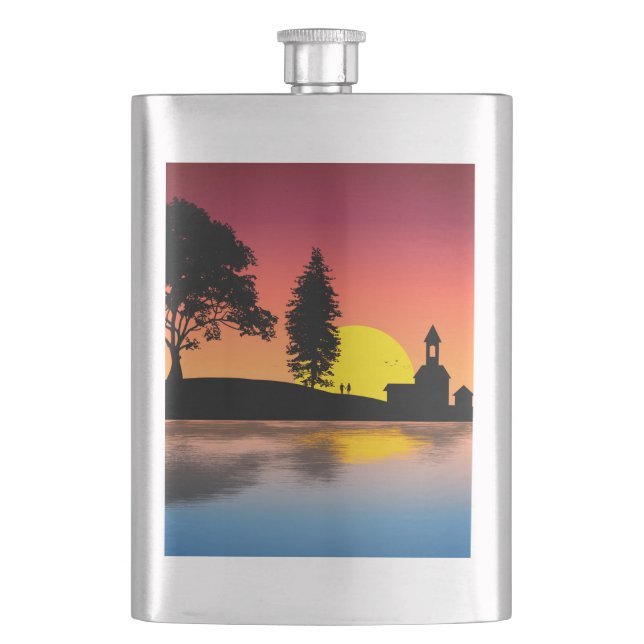 Nature Lake Trees Couple Silhouette Artwork Hip Flask (Front)