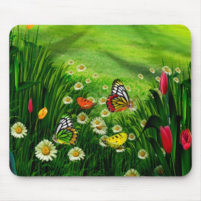 Nature Landscape- Butterfly's & Flowers Mouse Pad (Front)