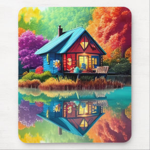 Nature Landscape Illustration with Lake Cottage Mouse Pad