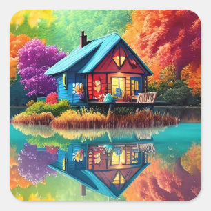 Nature Landscape Illustration with Lake Cottage Square Sticker