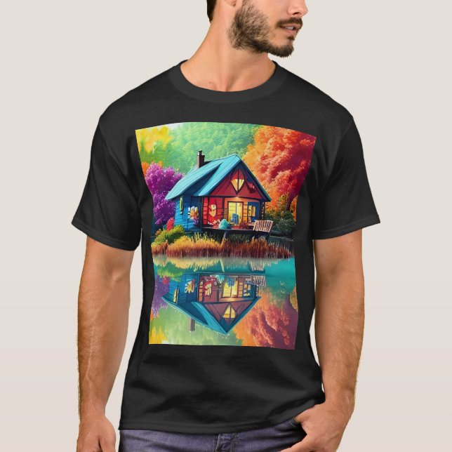 Nature Landscape Illustration with Lake Cottage T-Shirt (Front)