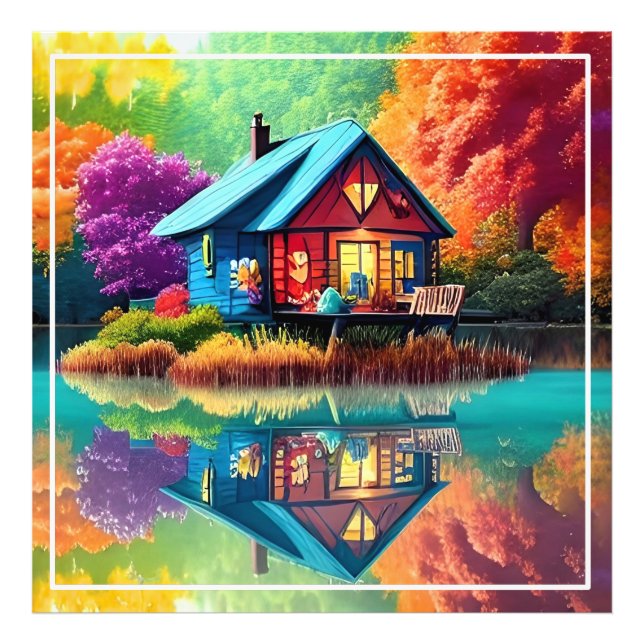 Nature Landscape with Lake, Cottage, Autumn Photo Print (Front)