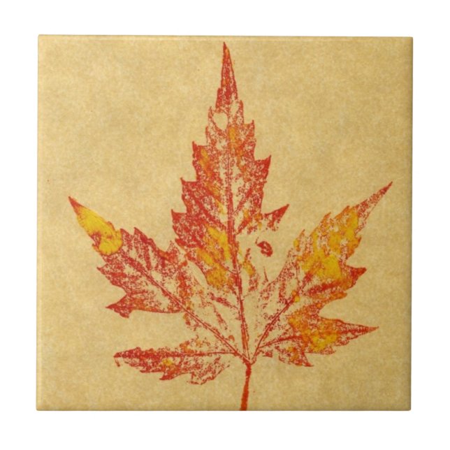 Nature leaf print of fall maple in yellows and red ceramic tile (Front)