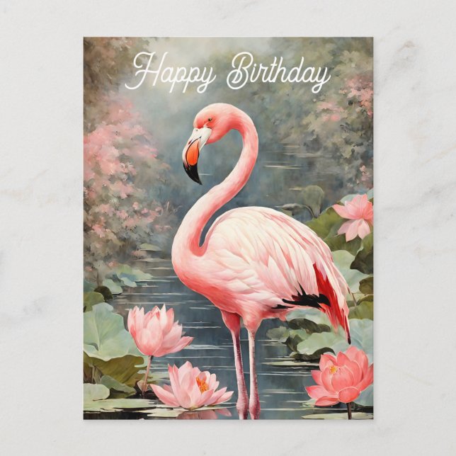 Nature Lotus Pond Pink Flamingo Vintage Postcard (Front)