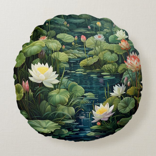 Nature Lotus Water Lily Pond Landscape Round Cushion (Front)