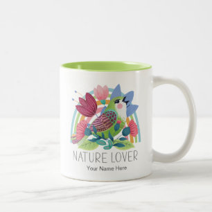 Nature Lover Watercolor Bird Flowers Rainbow Colou Two-Tone Coffee Mug