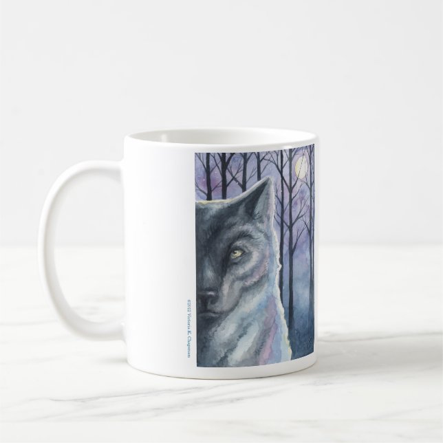 "Nature Nights Wolf & Snowy Owl" Original Art Mug. Coffee Mug (Left)