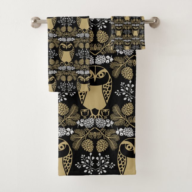 Nature Owl Folk Art Bath Towel Set (Insitu)