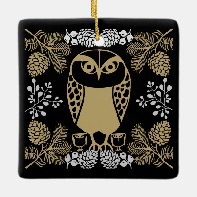 Nature Owl Folk Art Ceramic Ornament (Front)