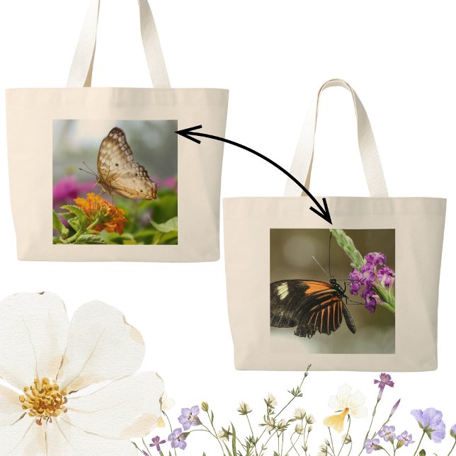 Nature Photography Butterfly on Flower Large Tote Bag (Butterflies and wildflowers double-sided tote bags for spring and summer are pretty and practical.)