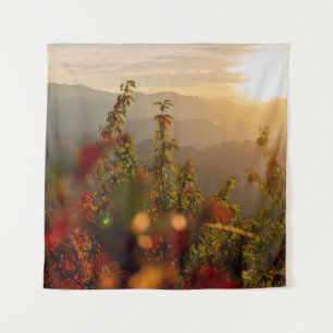 Nature photography of green trees overlooking moun tapestry