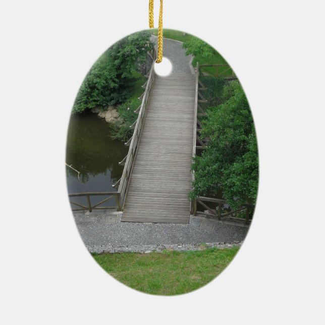 Nature Photography Park Bridge Trees Green Ceramic Ornament (Back)