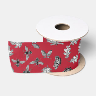 Nature print red and silver Satin Ribbon