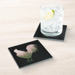 NATURE ROOSTER CHICKEN FOREST STYLE GLASS COASTER