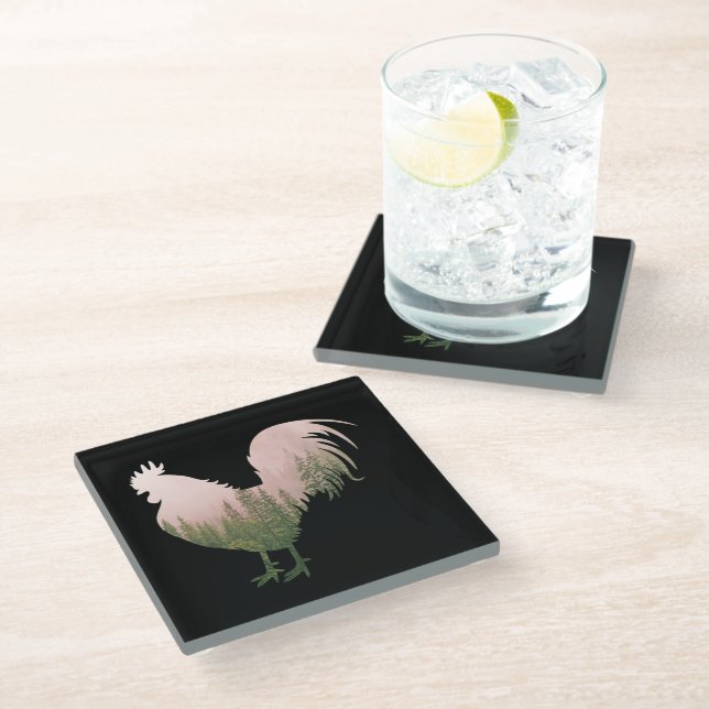 NATURE ROOSTER CHICKEN FOREST STYLE GLASS COASTER (Angled)
