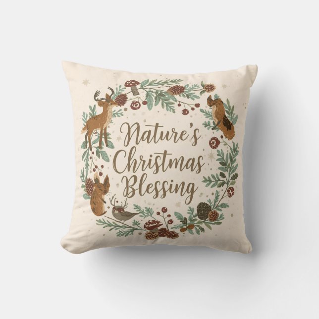 Nature’s Christmas Blessing – Rustic Botanical Cushion (Front)