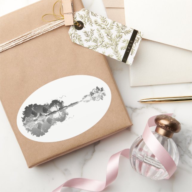 Nature’s Song: Forest Landscape Guitar Art Oval Sticker (Gifting)