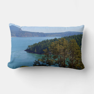 Nature scene, water scene, blue and forest green lumbar cushion