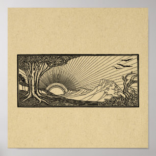 Nature Scene with Flying Birds and Setting Sun Poster