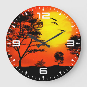 Nature Scenery Sunset Trees Silhouette Large Clock