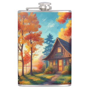 Nature Scenery with a Cottage in The Forest Hip Flask