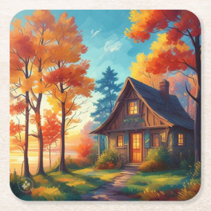 Nature Scenery with a Cottage in The Forest Square Paper Coaster