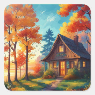 Nature Scenery with a Cottage in The Forest Square Sticker